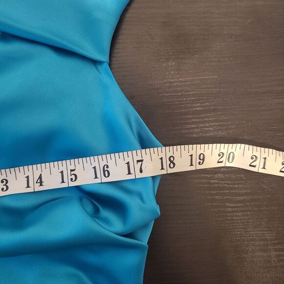 David's Bridal Malibu Blue Satin Ruched Draped Neck Dress 10 - Picture 6 of 11